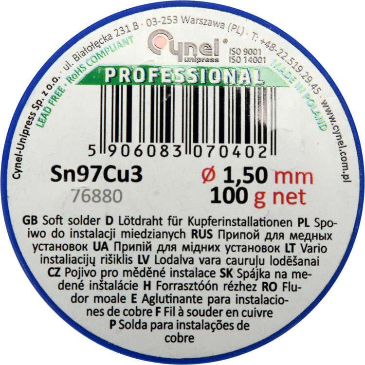Припой бессвинцовый Cynel Sn97Cu3 1,5 мм 100 г (76880) - фото 2