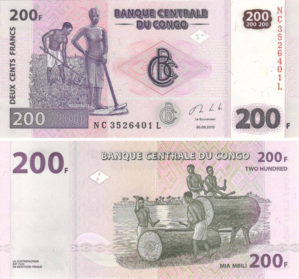 Коллекционная банкнота Демократическая республика Конго 200 франков 2013 UNC P99 (Б09097)