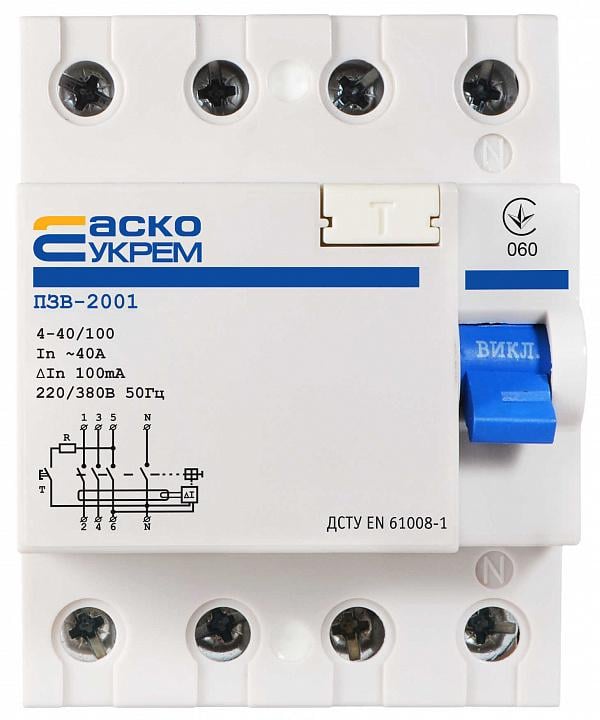 Устройство защитного отключения АСКО-Укрем ПЗВ-2001 4P 40А 100 мА тип AC (A0020010016)