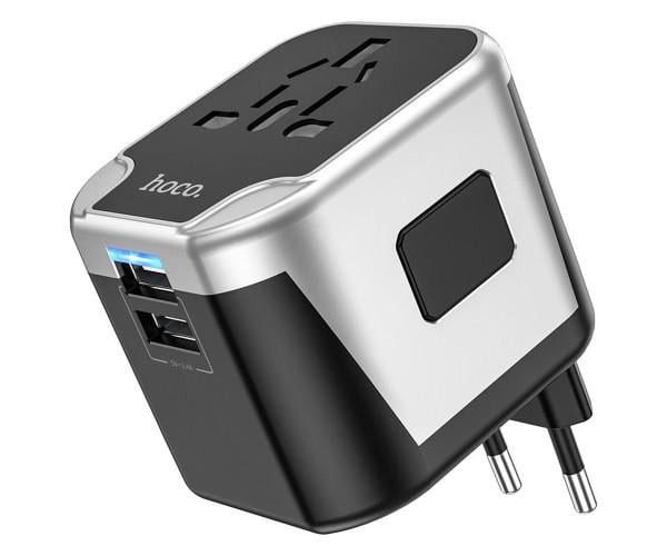 Устройство сетевое зарядное Hoco AC5 2USB 1Socket со сменными вилками стандартов EU/UK/US/AUS Black