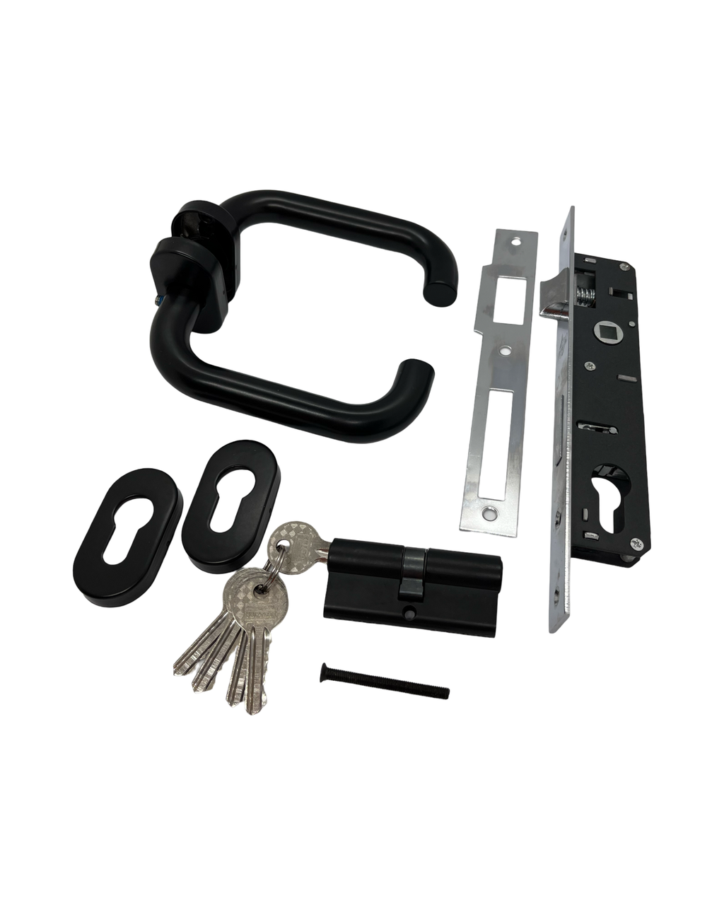Замок врезной узкий на калитку с черными ручками из нержавеющей стали BKS гнутые (260081)