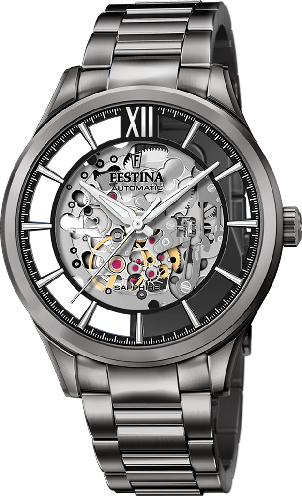 Наручные часы мужские Festina F20632/1 Automatic Skeleton со стальным корпусом/сапфировым стеклом WR 50 м и черным циферблатом