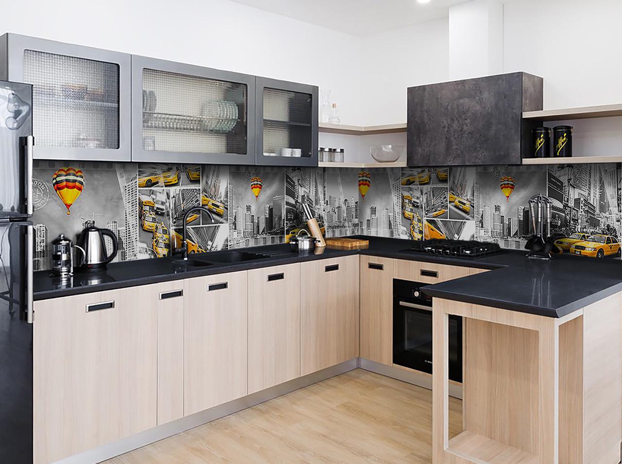 Кухонный фартук Воздушный шар/Такси/Город из самоклеющейся виниловой пленки 65х250 см Серый