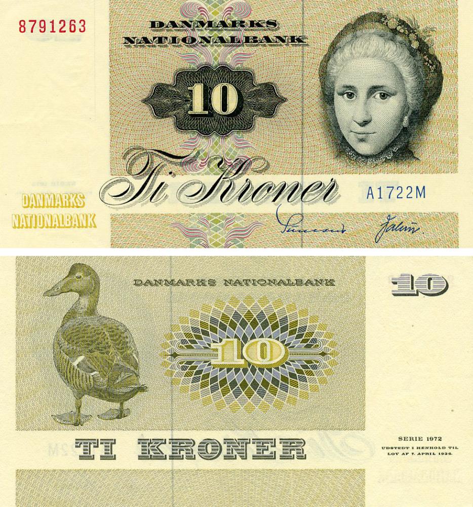 Колекційна банкнота Данія 10 крон 1972 UNC Птиця – Качка P48a (Б21647)