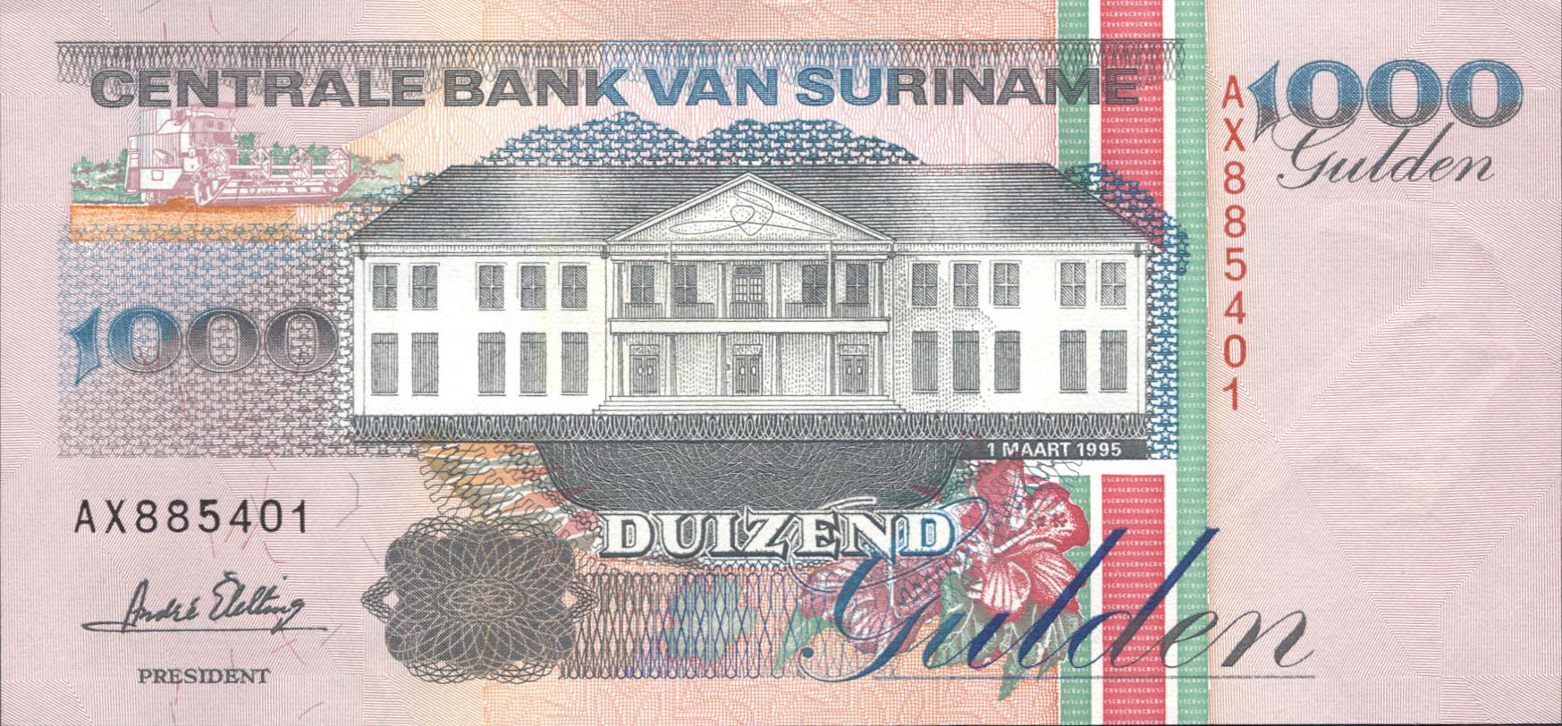 Коллекционная банкнота Суринам 1995 1000 гульденов P141b UNC