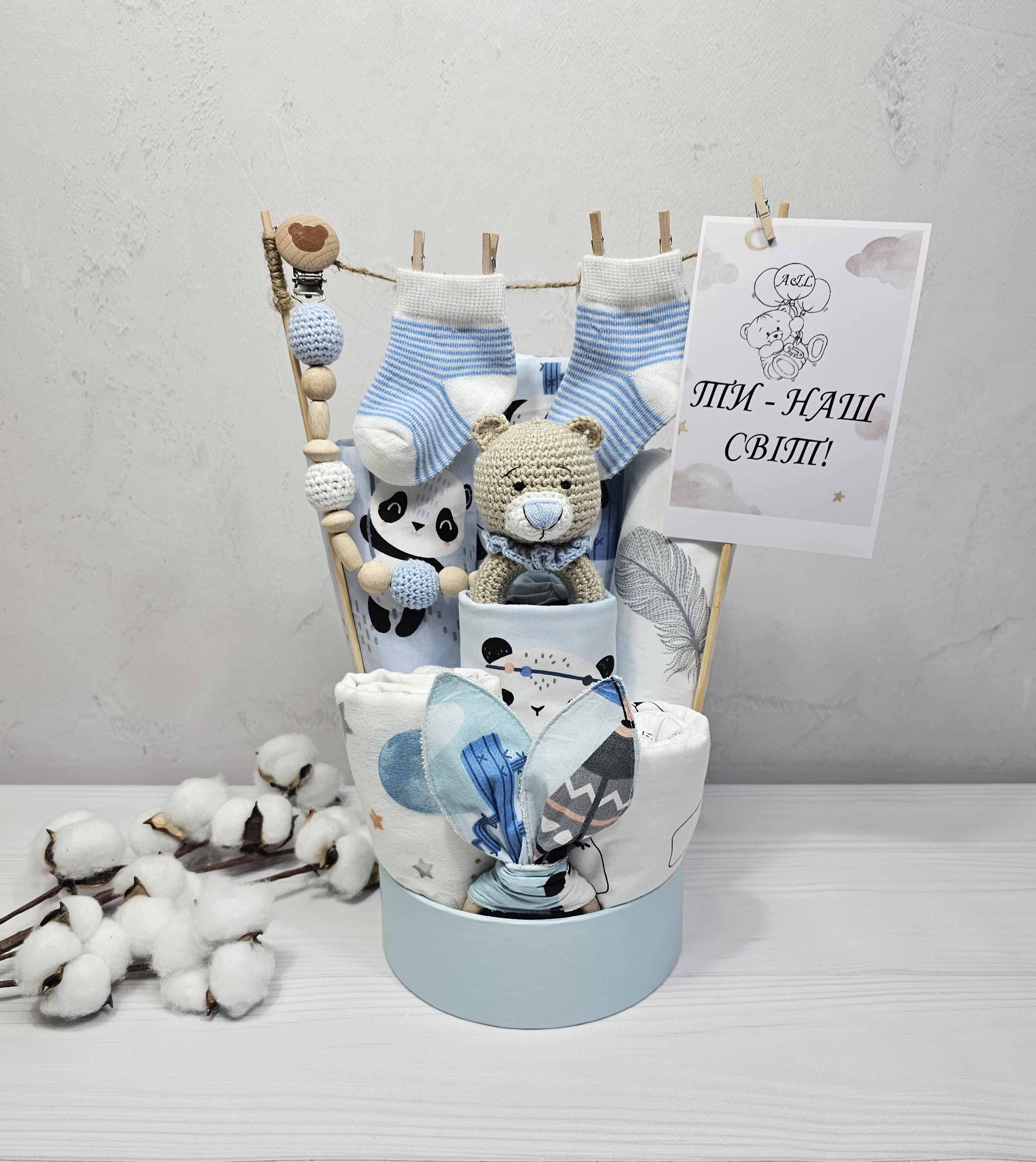 Букет из пеленок для младенцев A.L.Babybox Панда индеец 11 ед. Голубой (BU 25982970)