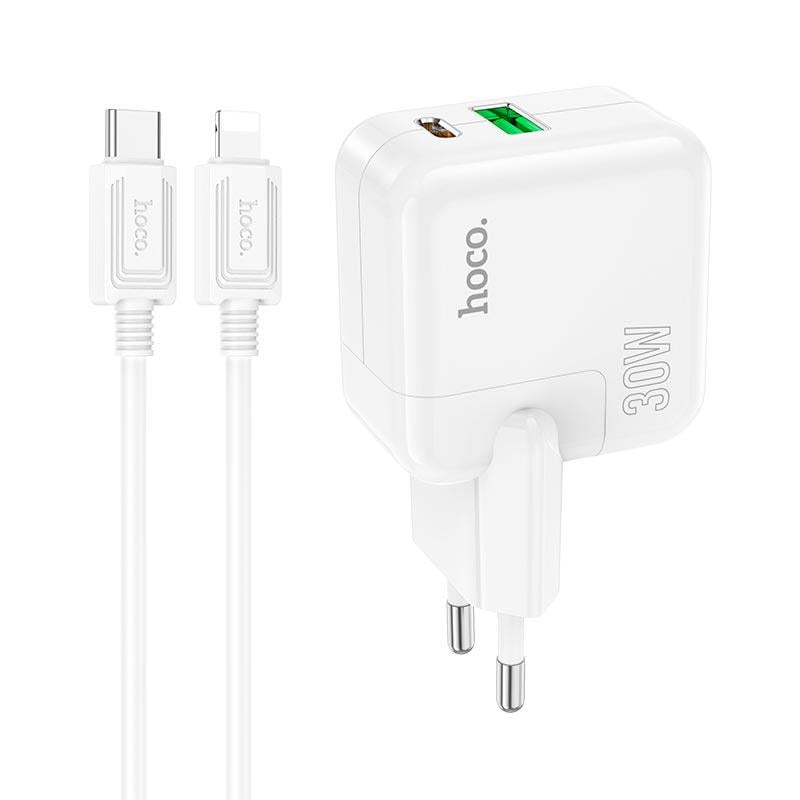 Зарядний пристрій мережевий з кабелем Hoco Type-C to Lightning Cable Lucky C111A 1USB/1Type-C 30 W 3 A PD/QC (568671)