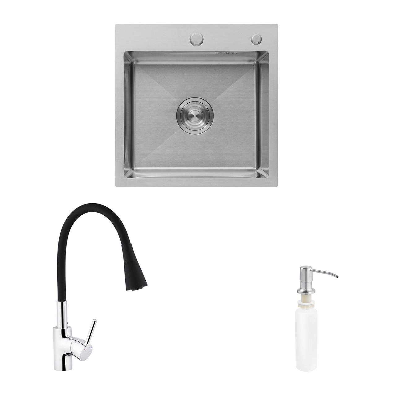Комплект кухонная мойка Kroner Gebürstet-5050HM/смеситель Küche-C031BLK/дозатор Spender-016 (2669564674)