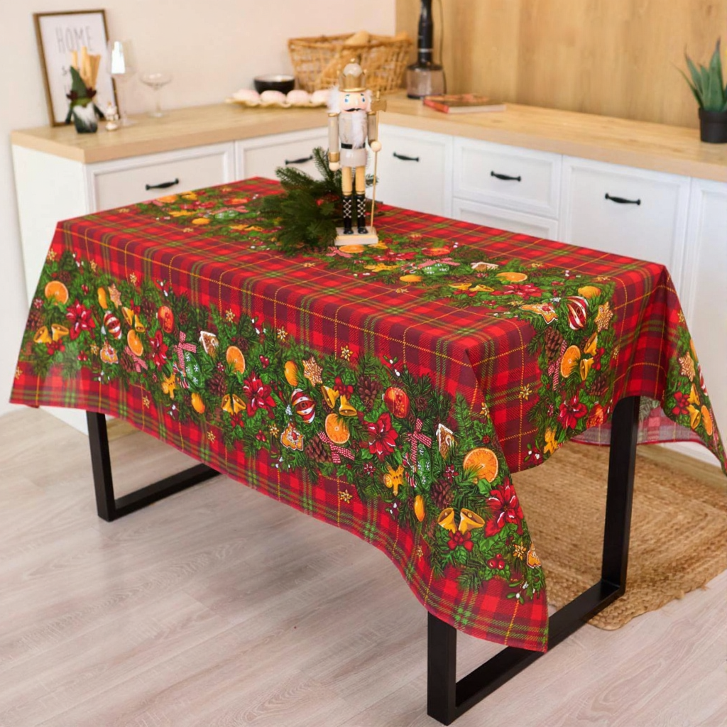 Скатертина льняна 150x220 см Червоний із зеленим