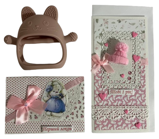 Набор открытка на 1 год открытка Первый локон и грызунок для зубов Розовый (1236)