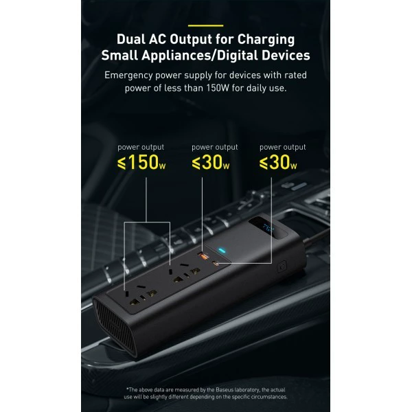 Инвертор Baseus Power Inverter 150 Вт 220 в CN/EU 2 розетки + USB + Type-C 5 A с технологией QC3.0 + PD3.0 Черный (12154323) - фото 7 Инвертор Baseus Power Inverter 150 Вт 220 в CN/EU 2 розетки + USB + Type-C 5 A с технологией QC3.0 + PD3.0 Черный (12154323) - фото 7