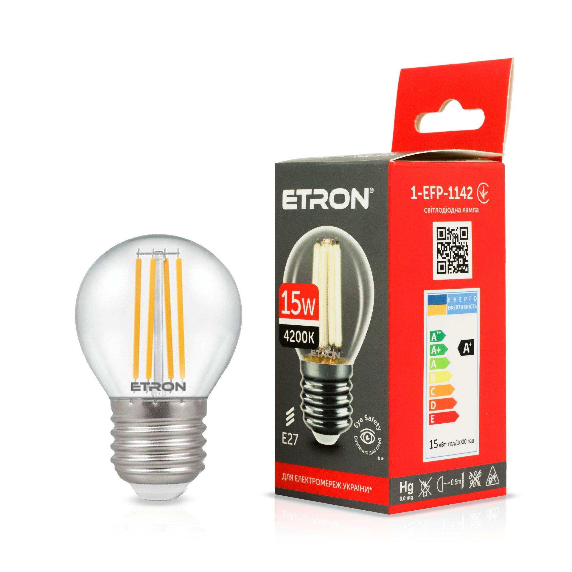 Лампа LED ETRON 15W E27 G45 4200K Filament 1-EFP-1142 стекло Прозрачный