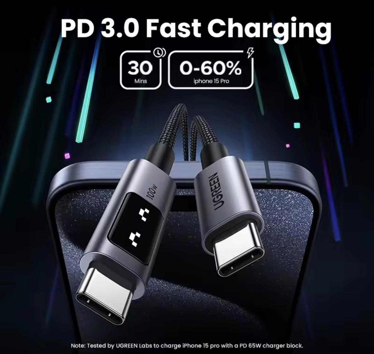 Кабель Ugreen Uno Type-C PD 100W (1m) Black з дисплеєм - фото 3 Кабель Ugreen Uno Type-C PD 100W (1m) Black з дисплеєм - фото 3