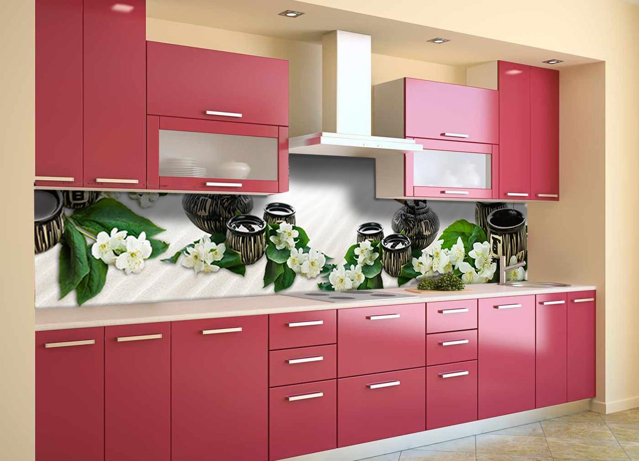 Кухонный фартук Чай и жасмин с самоклеющейся виниловой пленки 65х250 см Белый