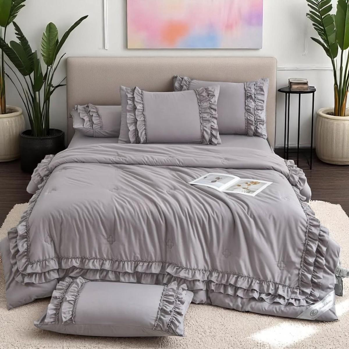 Комплект постільної білизни з літньою ковдрою Koloco бавовна євро Сірий (41615)