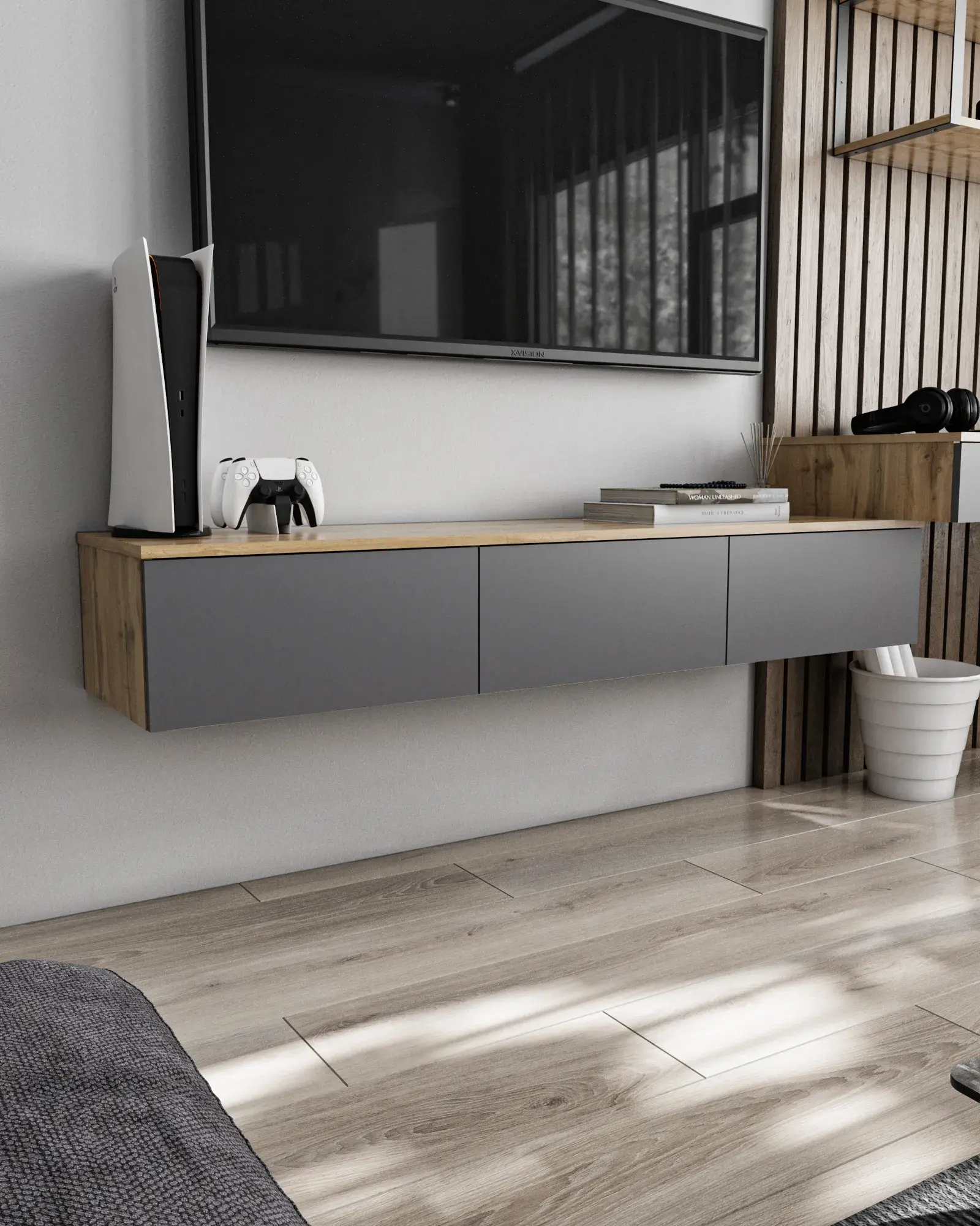 Тумба для ТВ навесная Nikoshop Т-221 с 3 ящиками 1500х400х240 мм Аппалачи/Антрацитовый