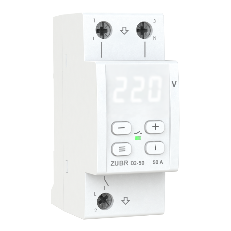 Реле напряжения ZUBR D2-50 однофазное с термозащитой 50А max 60А 11000ВА (4820120221699)