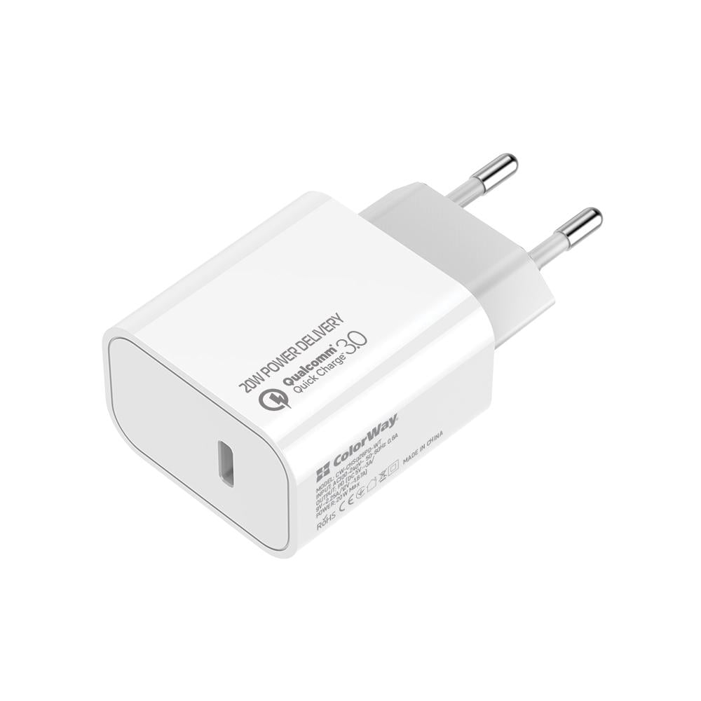 Зарядний пристрій мережевий ColorWay Power Delivery USB Type-C 20 Вт V2 White (CW-CHS026PD-WT)