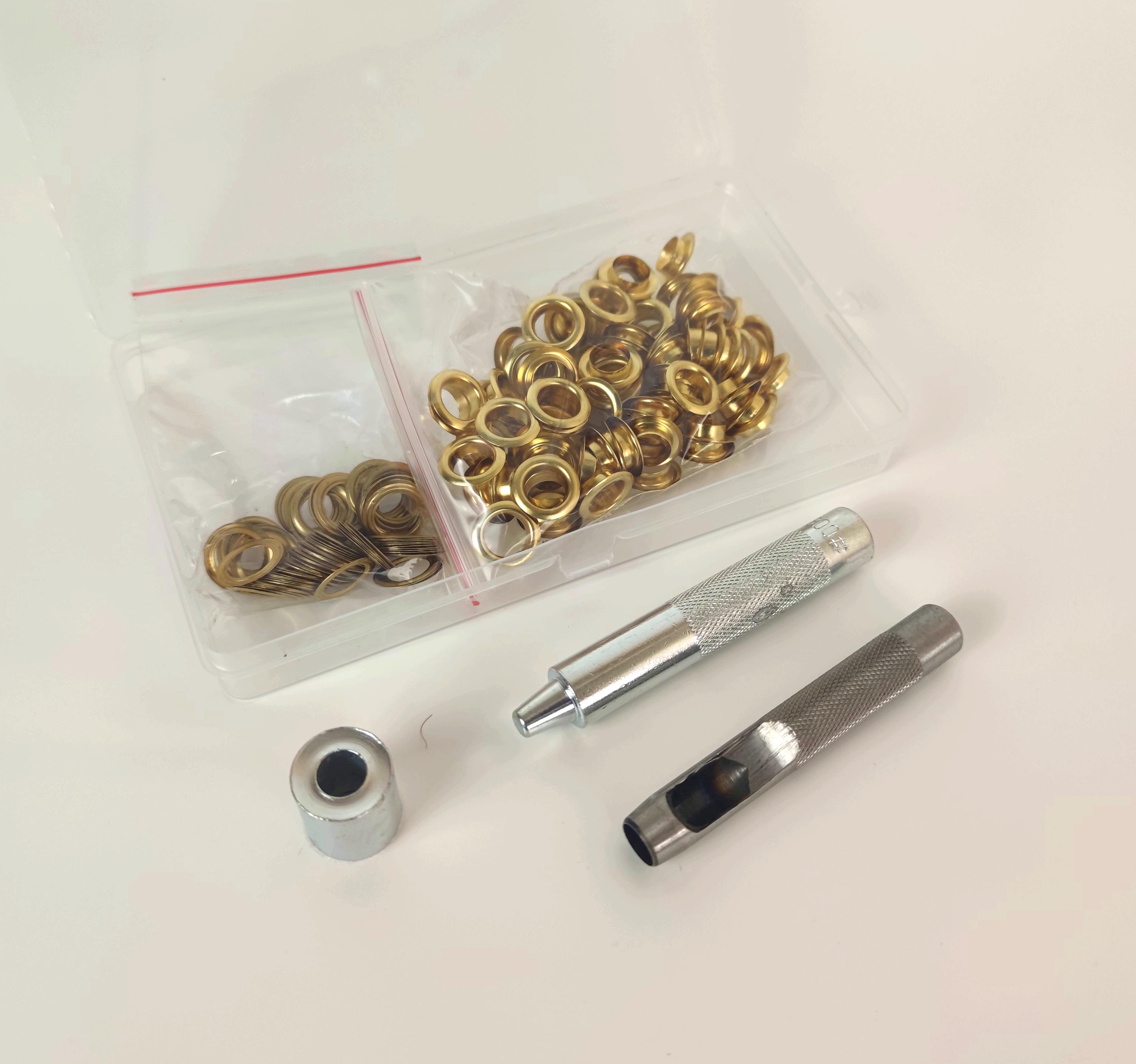 Набор для установки люверсов 10 мм 3 инструмента/100 люверсов Золотистый (5598) Набор для установки люверсов 10 мм 3 инструмента/100 люверсов Золотистый (5598)