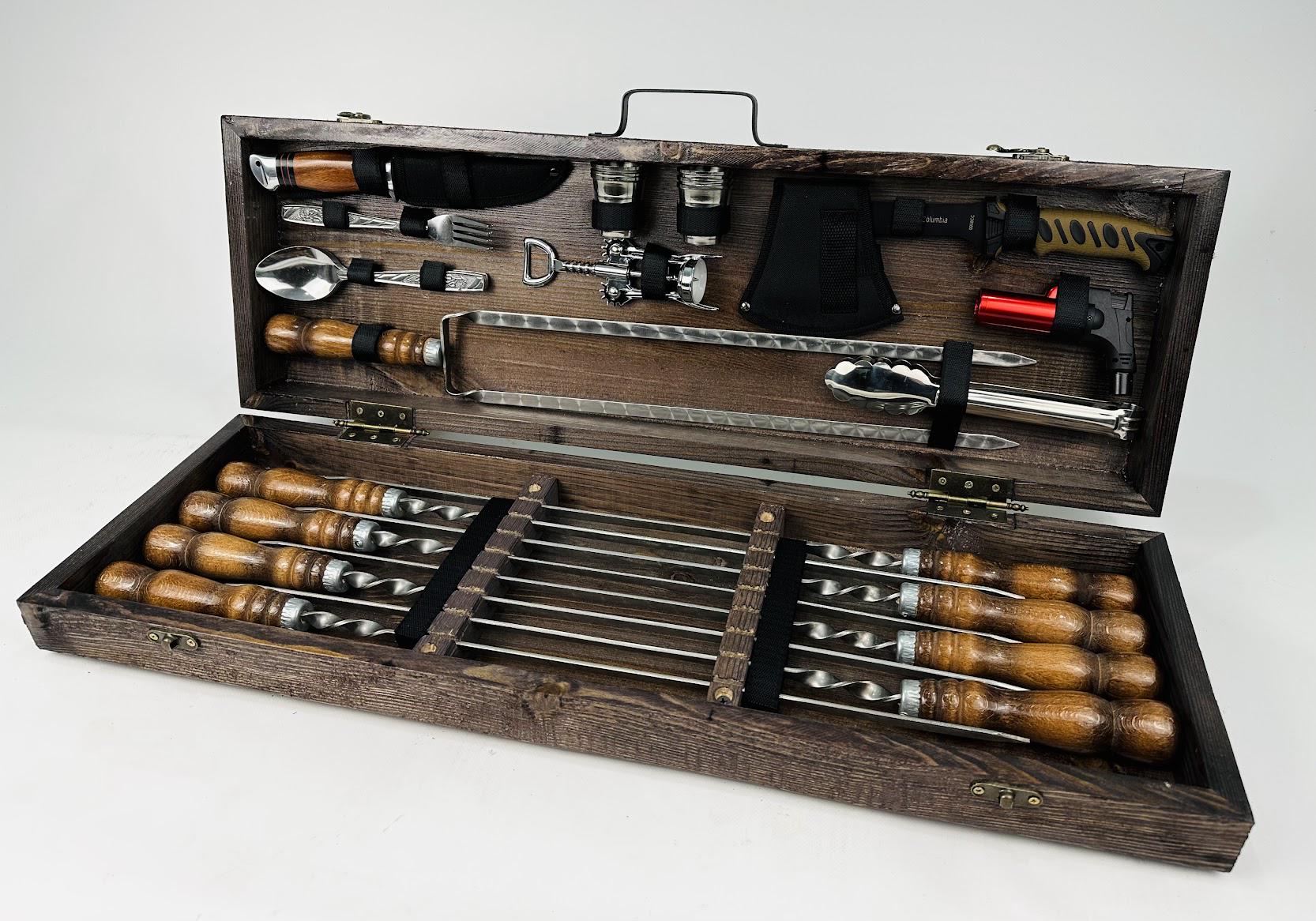 Набор шампуров и аксессуаров Гриль-2 в деревянном кейсе 32 пр. Коричневый (141-10-KS-7602)