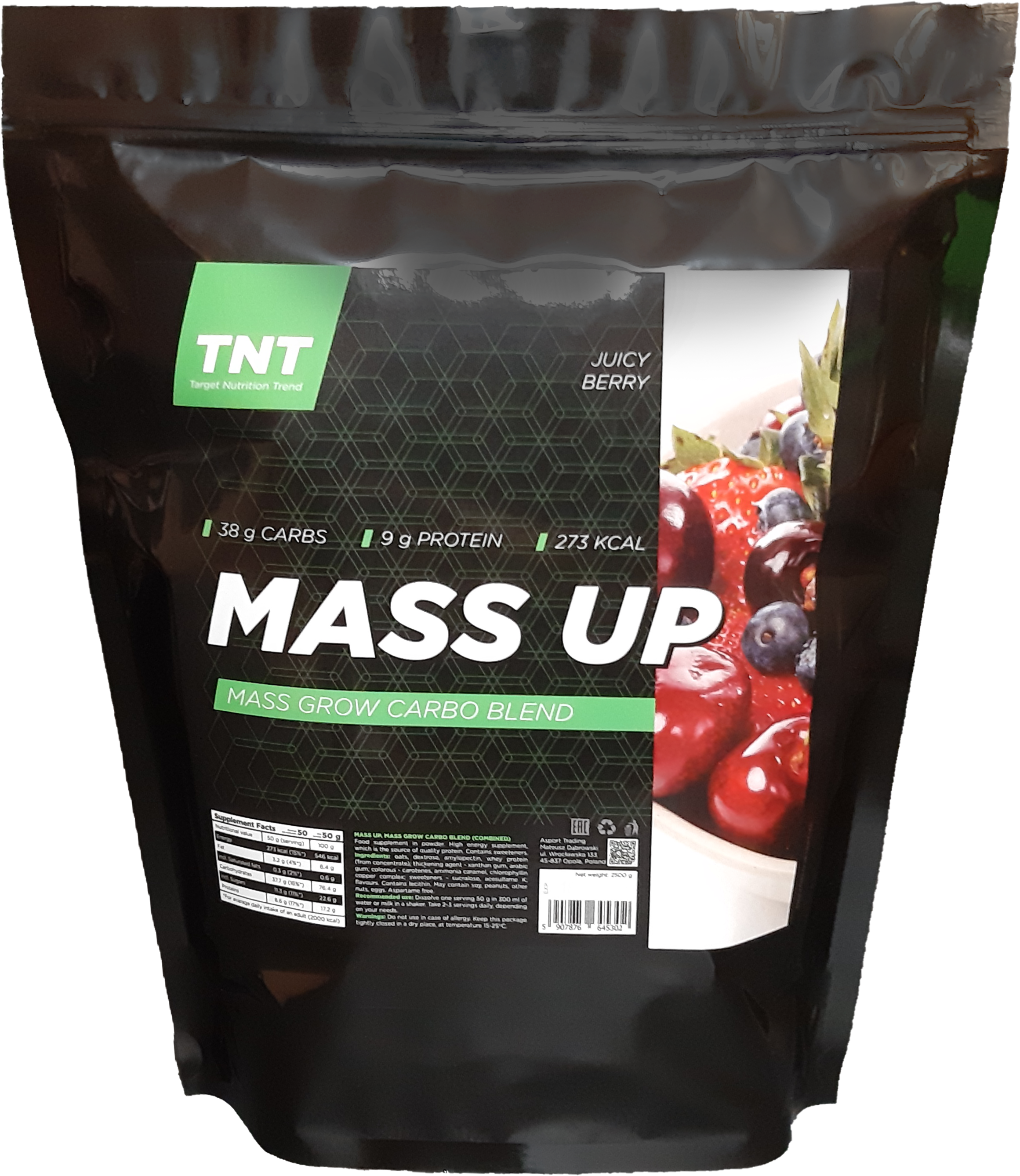 Гейнер з підвищеним вмістом вуглеводів для набору м'язової маси Gainer Mass Up TNT Nutrition Соковита ягода 2,5 кг (12804159)