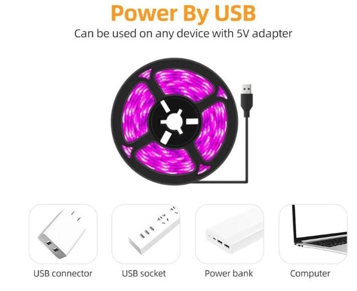 Фіто-стрічка світлодіодна IP65 Growlights Waterproof для кімнатних рослин з 5V USB 2835 5 Метрів - фото 4