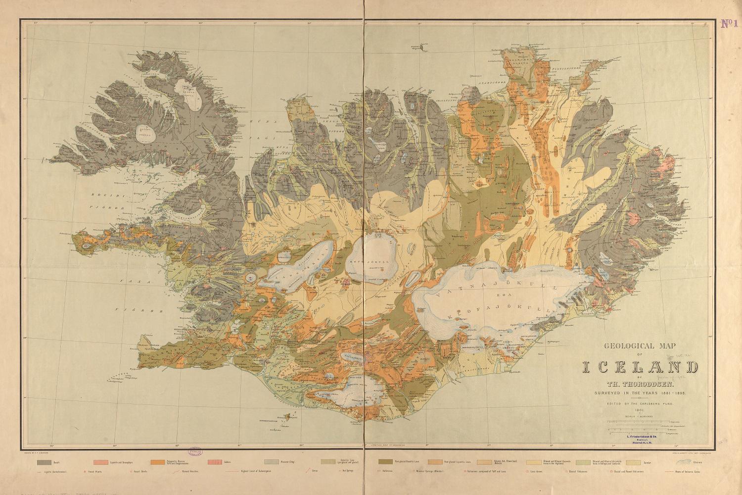 Карта старинная геологическая Линия24 Исландии в рамке 1901 год 40х30 см (1859) - фото 1