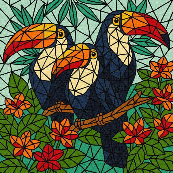 Картина за номерами Ideyka Вітраж Тріо туканів 30х30 см (Id-KHO5169)
