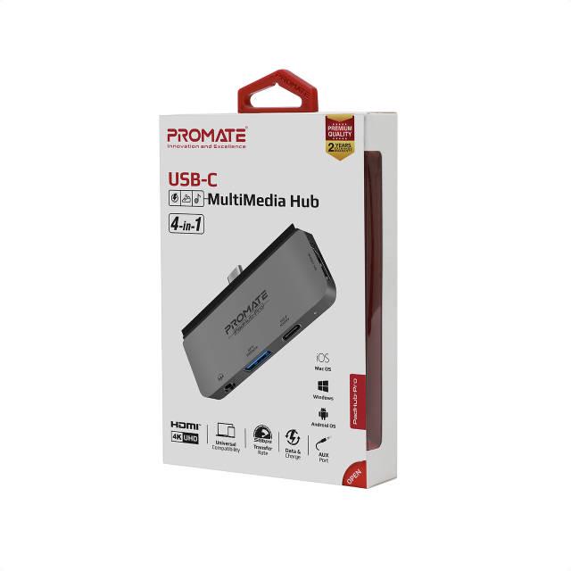 USB-C хаб 4в1 Promate PadHub-Pro USB-C PD/HDMI/USB 3,0/3,5 мм AUX Grey - фото 7