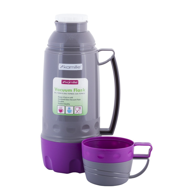Термос с двумя чашками Kamille KM-2080 со стеклянной колбой 1000 мл Серый/Фиолетовый (150-84-2080.2)