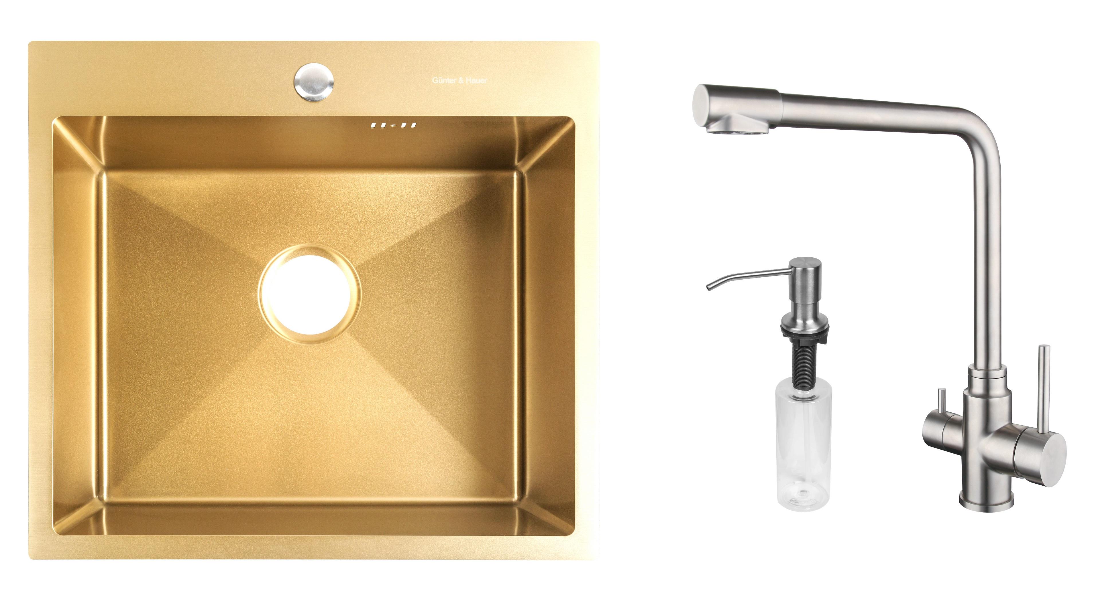 Комплект из кухонной мойки Gunter&Hauer Mindel 5522 Gold кухонного смесителя Gunter&Hauer LUFT Br и дозатора Gunter&Hauer SOAP DISPENSER Inox