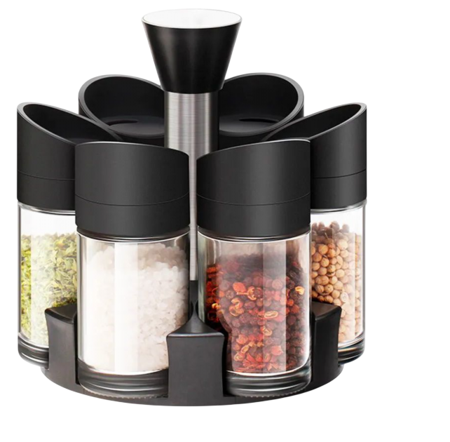 Набор емкостей для специй и приправ Spice Jar Set на подставке крутящейся пластик 6 шт. Черный