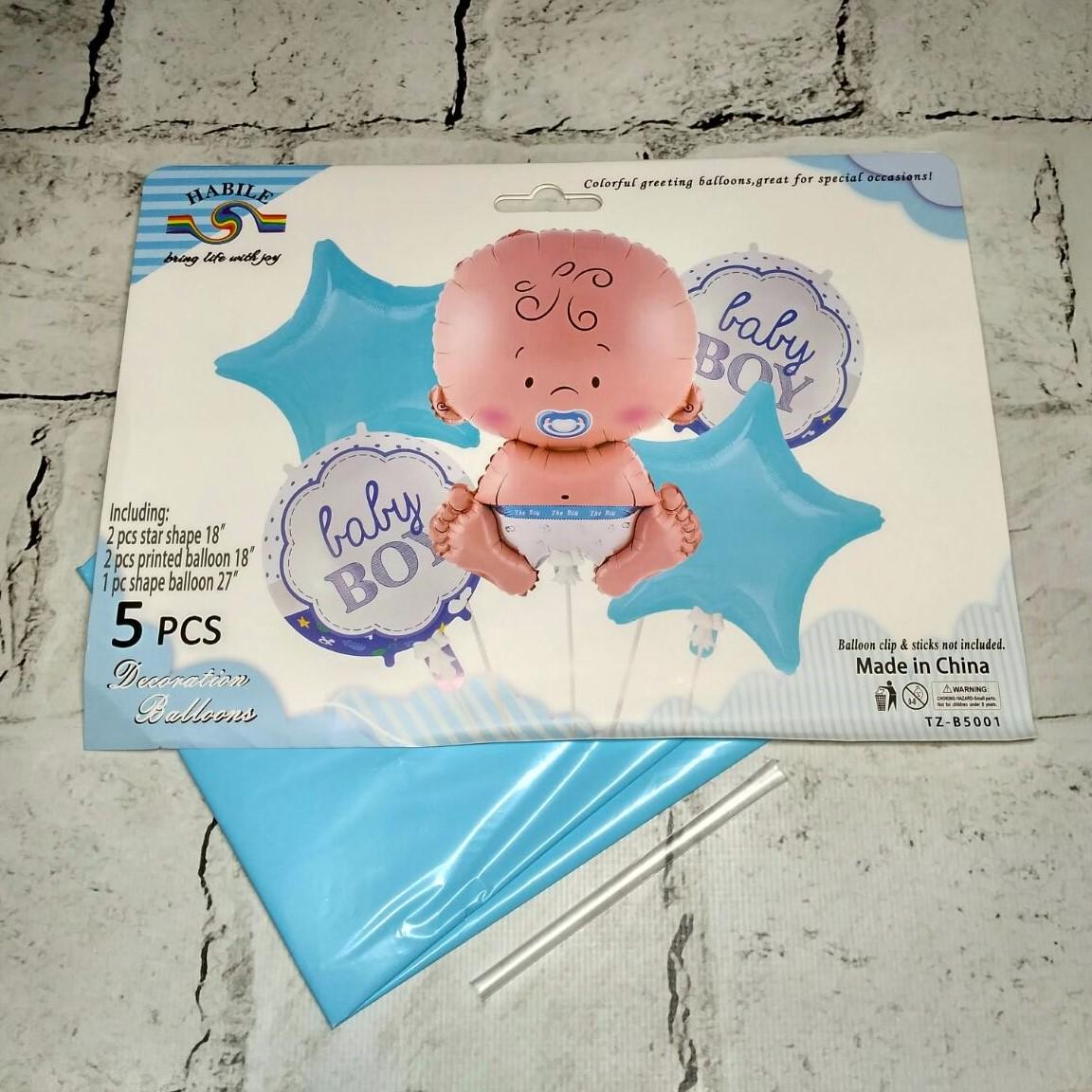 Воздушные шарики фольгированные набор на выписку Мальчик Baby boy 5 шт. Голубой (5-60177)