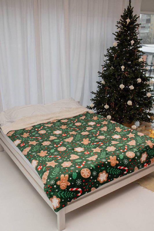 Плед на овчине новогодний 200x230 см Зеленый с оранжевым