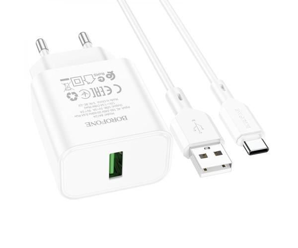 Пристрій мережевий зарядний Borofone BA72A Spring USB QC3.0 USB-Type-C White Пристрій мережевий зарядний Borofone BA72A Spring USB QC3.0 USB-Type-C White