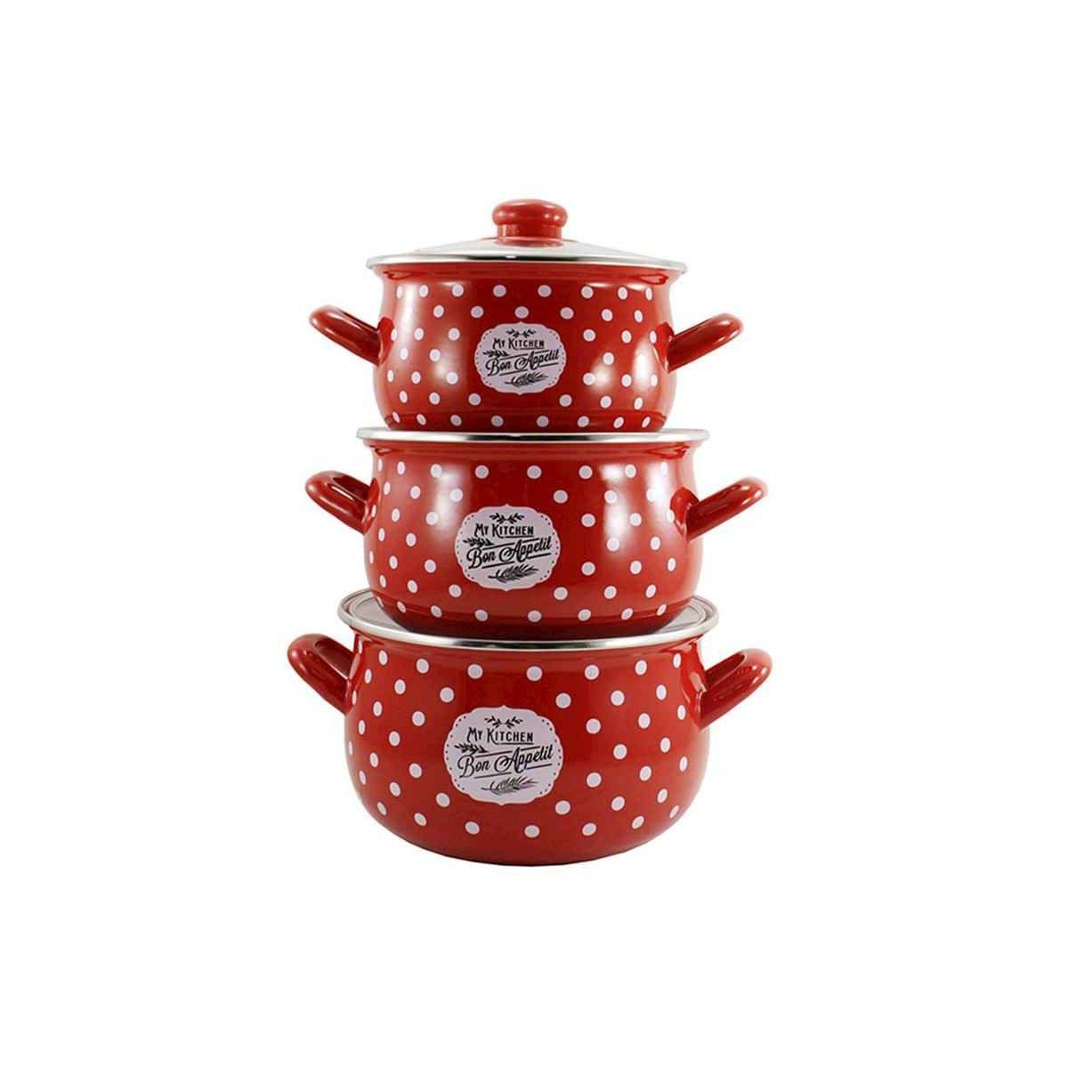 Набір каструль емальованих Interos Bon appetit в горох 2,1 л/3,1 л/4 л Червоний (4143) - фото 1