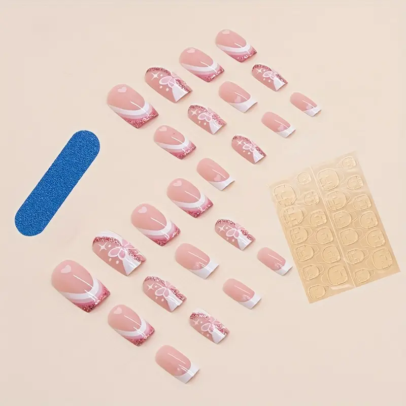 Ногти накладные френч Бабочка с сердечками квадрат средней длины с клеевыми стиками 24 шт. Белый с розовым (3000003697) - фото 4 Ногти накладные френч Бабочка с сердечками квадрат средней длины с клеевыми стиками 24 шт. Белый с розовым (3000003697) - фото 4