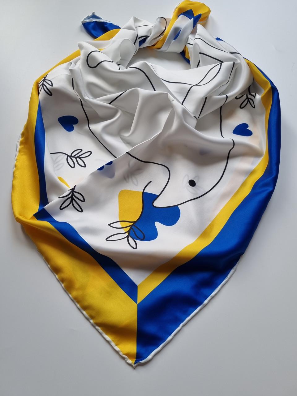 Платок женский патриотический шелковый Голубь Мира абстракция с сердечками 90х90 см Сине-желтый