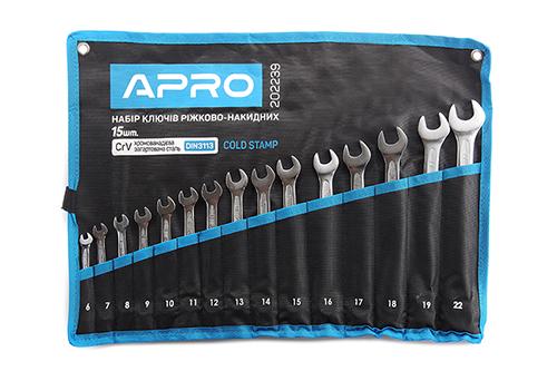 Набір ключів рожково-накидних Apro CrV 6-19/22 мм холодний штамп DIN3113 15 шт.