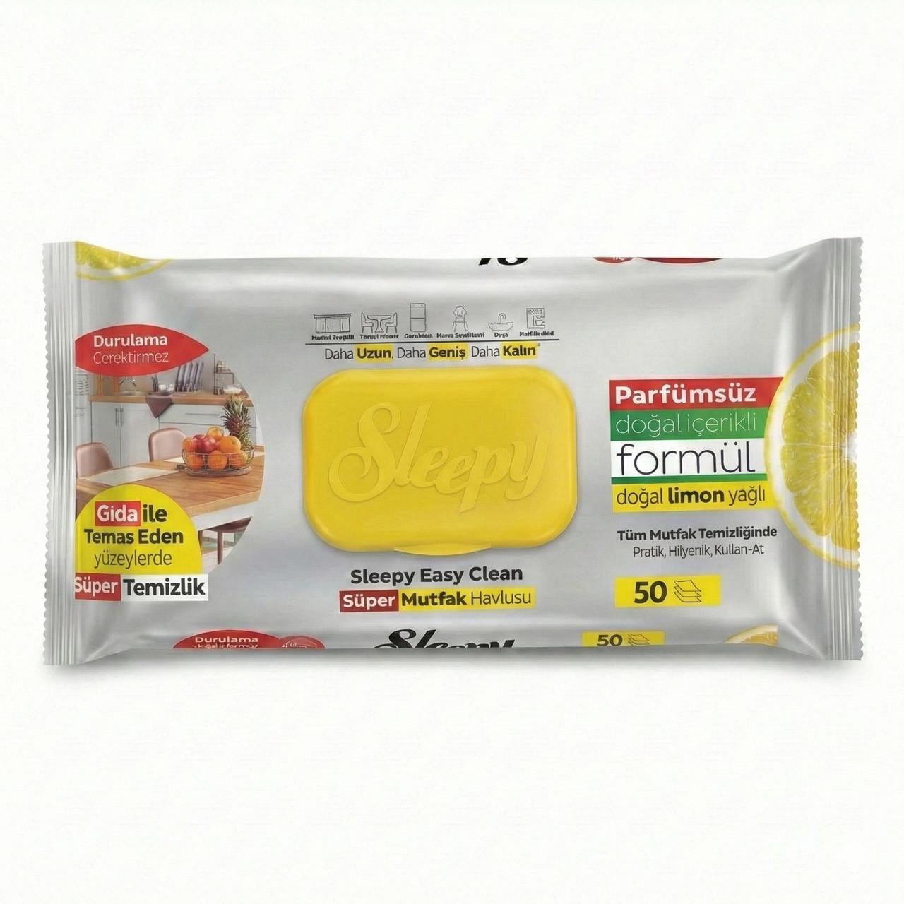 Влажные салфетки для уборки кухни Sleepy Easy Clean Lemon безопасны для контакта с едой 50 шт. (000006506)