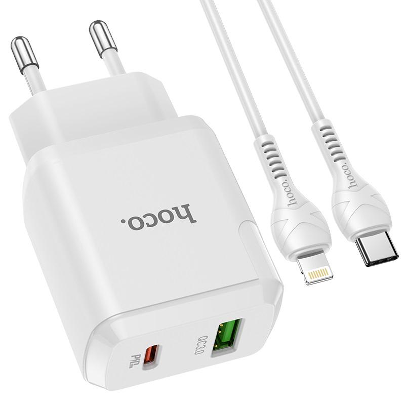 Зарядний пристрій Hoco Type-C to Lightning Cable Favor dual port N5 1 USB 1 Type-C PD20W QC3,0 3 A Safety Certified White (536444)
