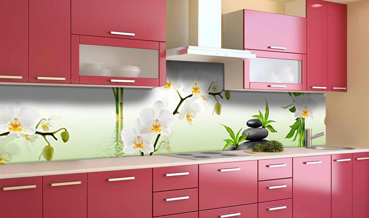 Кухонный фартук Ветка цветущих орхидей камни из самоклеющейся виниловой пленки 65х300 см Зеленый