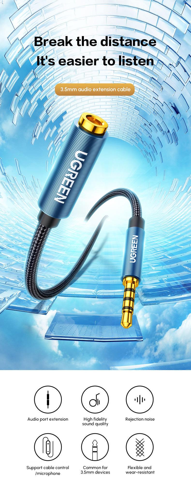 Аудіокабель з підтримкою мікрофона UGREEN 5 м в нейлоновому обплетенні позолочені конектори Hi-Fi звук 5 м Синьо-чорний (60636) - фото 2 Аудіокабель з підтримкою мікрофона UGREEN 5 м в нейлоновому обплетенні позолочені конектори Hi-Fi звук 5 м Синьо-чорний (60636) - фото 2