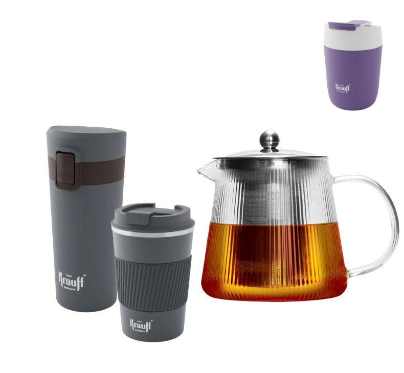 Чайник заварочный Krauff Thermoglas 1,2 л с термочашками Krauff Perfekt 480 мл 4 пр. (55-333-518)