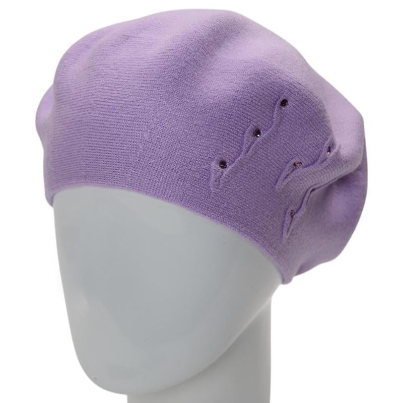 Берет женский вискозный двойной Novita Флорина с узором сбоку и стразами Фиалковый