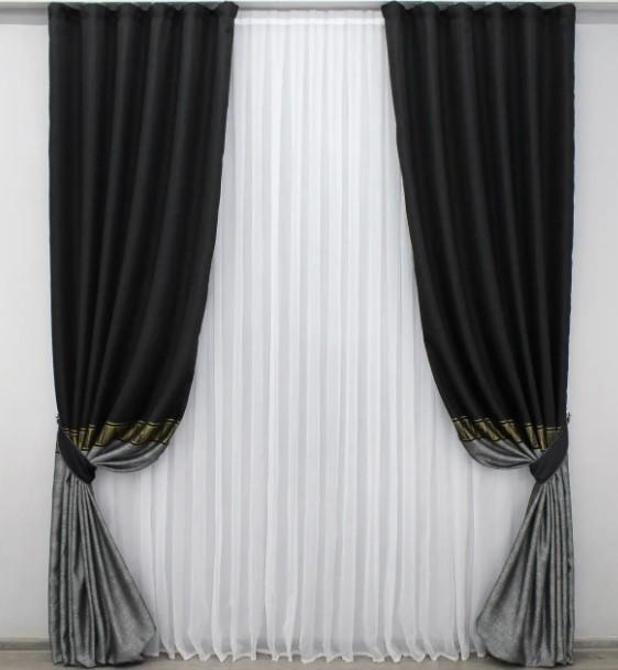 Комплект штор лен 3x1,45 м 2 шт. Черный/Серый (1308ш)