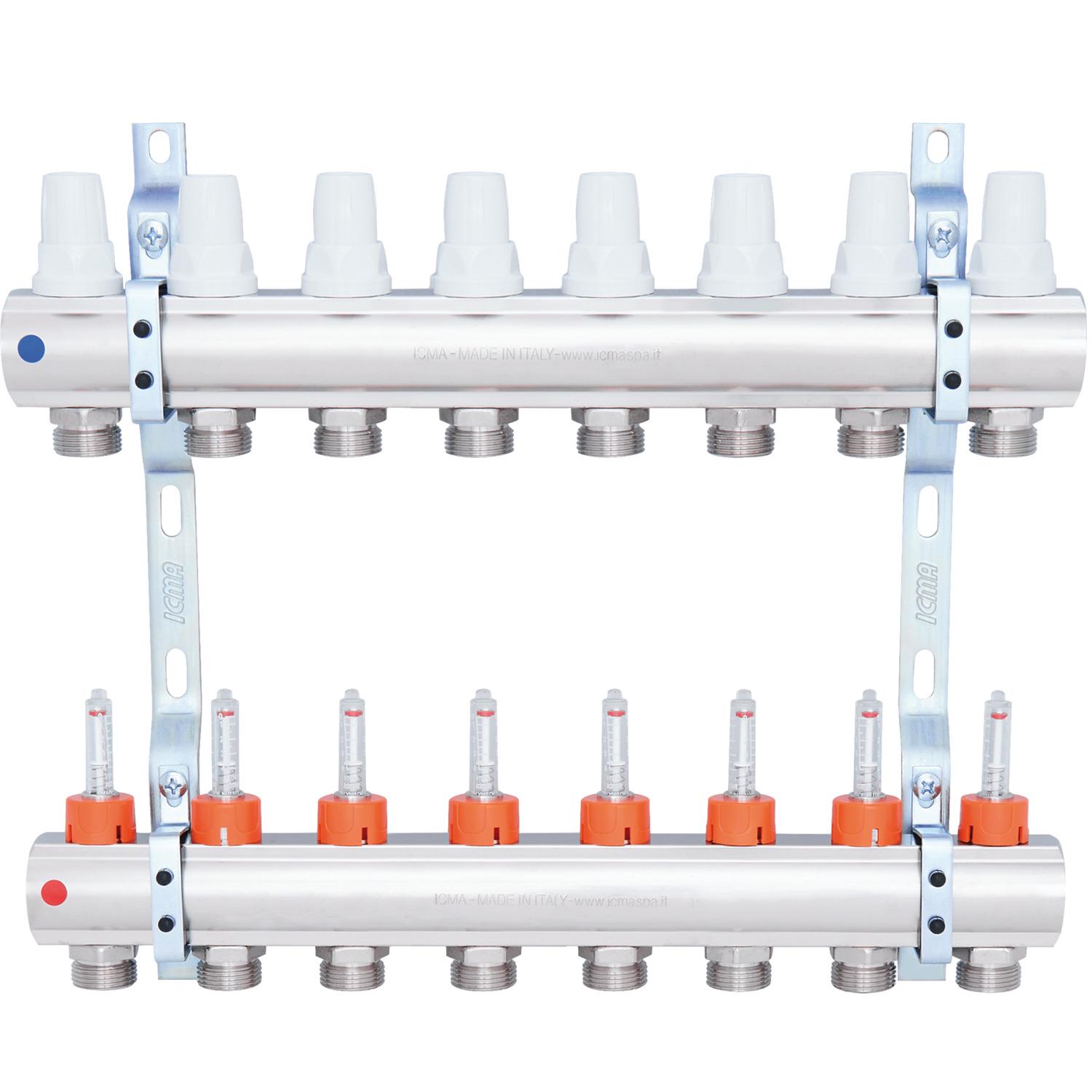 Колектор для теплої підлоги ICMA 87K013PL06 8 контурів з витратомірами 1"/3/4" (78715) - фото 1