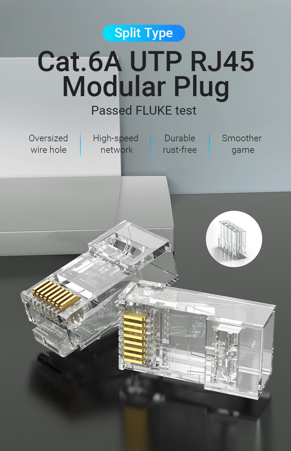 Коннектор RJ45 Vention Cat.6A UTP модульный 8P8C позолоченные контакты 50 шт. Прозрачный (IDGR0-50) - фото 2 Коннектор RJ45 Vention Cat.6A UTP модульный 8P8C позолоченные контакты 50 шт. Прозрачный (IDGR0-50) - фото 2