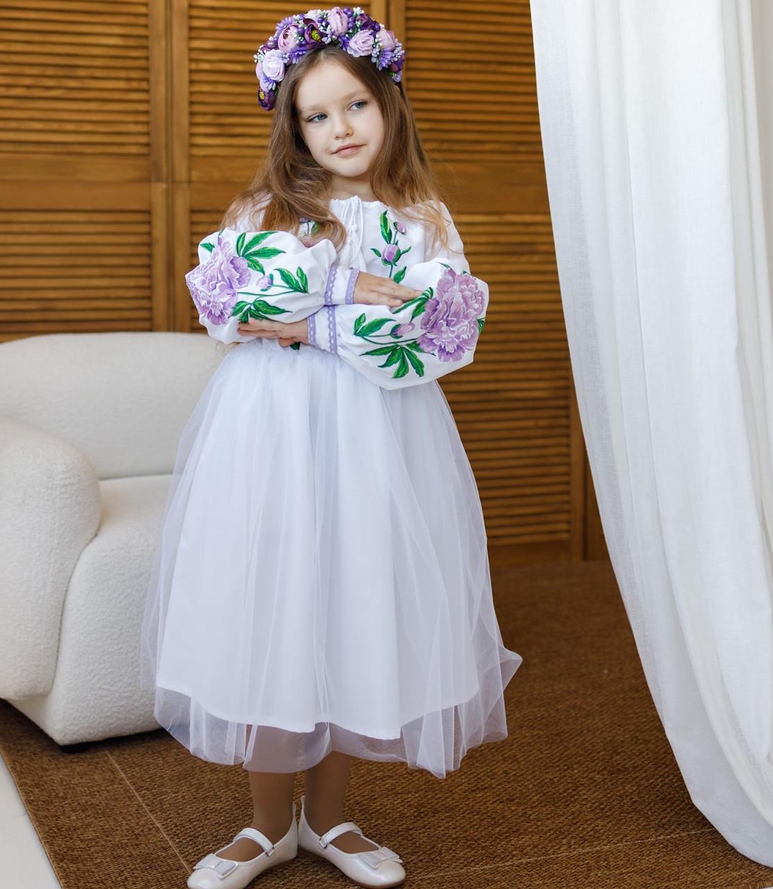 Платье вышиванка для девочек Пионы 122 см Фиолетовый