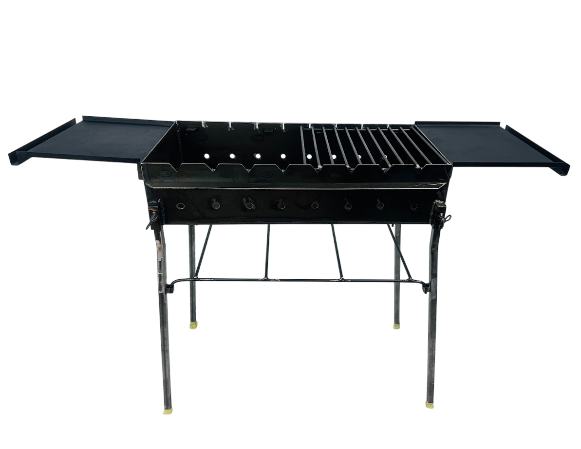 Мангал стаціонарний із металу на ніжках з 2-ма боковими знімними столиками та решіткою 108х30х67 см Чорний (124-10-MG-5051)